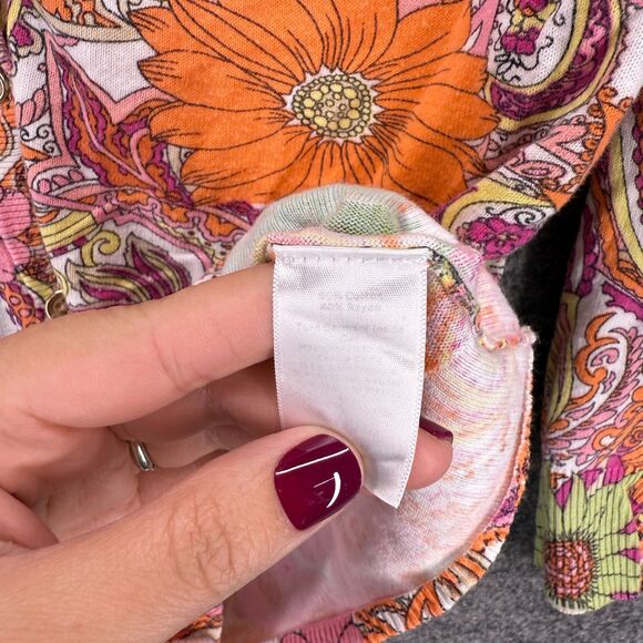 Talbots Cardigan Women M Medium Orange Floral V-Neck Long Sleeve Cotton Button - Picture 4 of 7